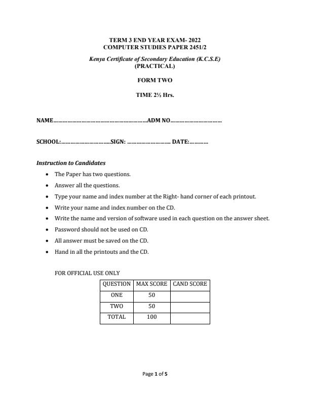 Form 2 Computer Studies Paper 2 End of Term 3 Examination 2022 1363