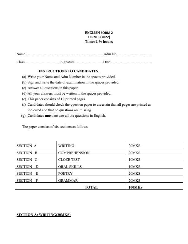 Form 2 English End of Term 3 Examination 2022 - 1373