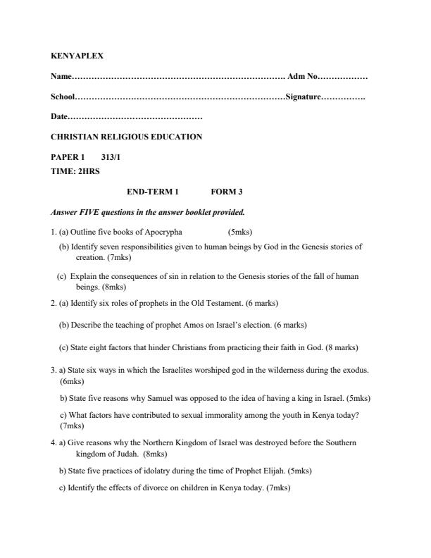 CRE Paper 1 Form 3 End of Term 1 Examination 2020 598