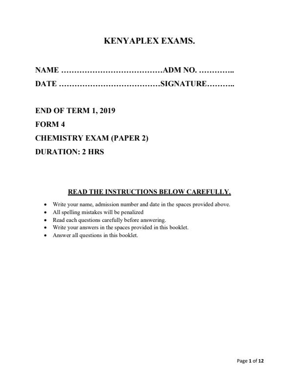 Preview page Chemistry-Form-4-End-of-Term-1-Paper-2-Examination-2019_117_0.jpg