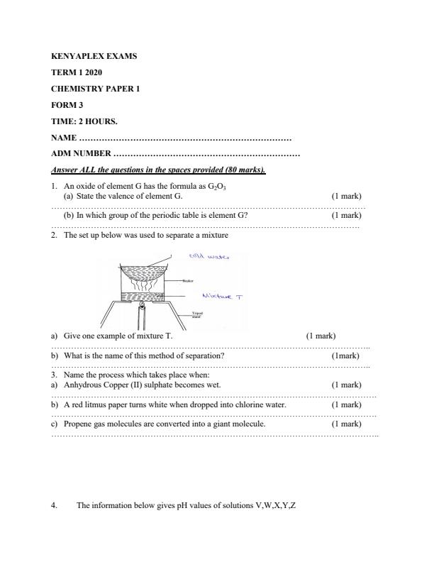 Preview page Chemistry-Paper-1-Form-3-End-of-Term-1-Examination-2020_694_0.jpg