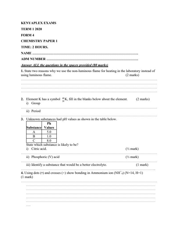 Preview page Chemistry-Paper-1-Form-4-End-of-Term-1-Examination-2020_698_0.jpg