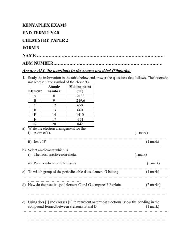 Preview page Chemistry-Paper-2-Form-3-End-of-Term-1-Examination-2020_695_0.jpg