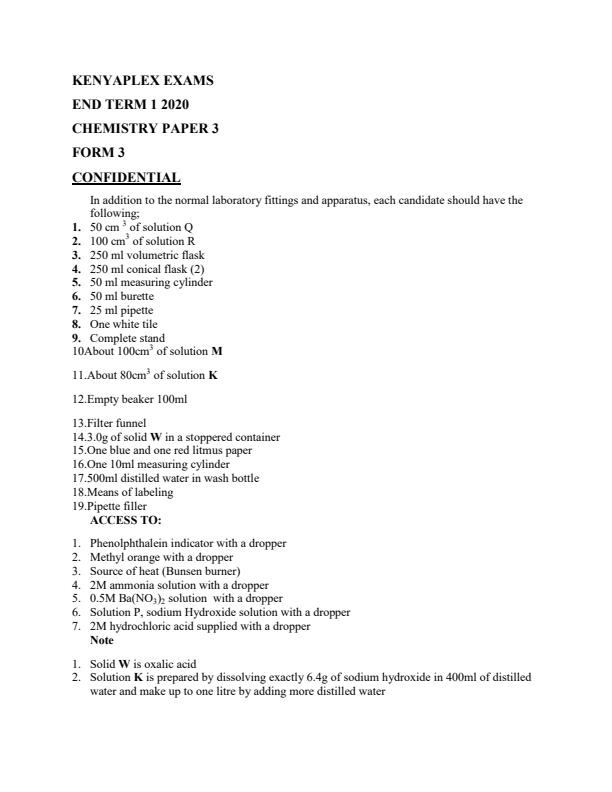 Preview page Chemistry-Paper-3-Confidential-Paper-Form-3-End-of-Term-1-Examination-2020_697_0.jpg
