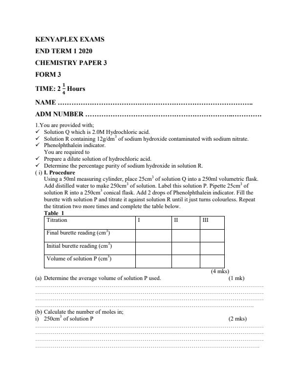 Preview page Chemistry-Paper-3-Form-3-End-of-Term-1-Examination-2020_696_0.jpg