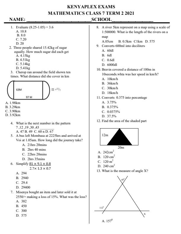 Preview page Class-Seven-Mathematics-End-of-Term-2-Examination-2021_946_0.jpg