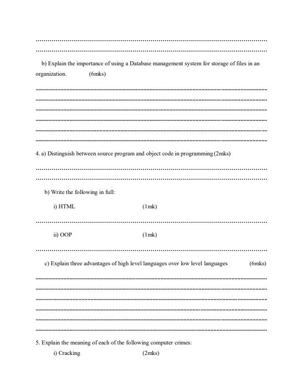 Computer Studies Form 3 Paper 1 End of Term 3 Exams 2019 - 380