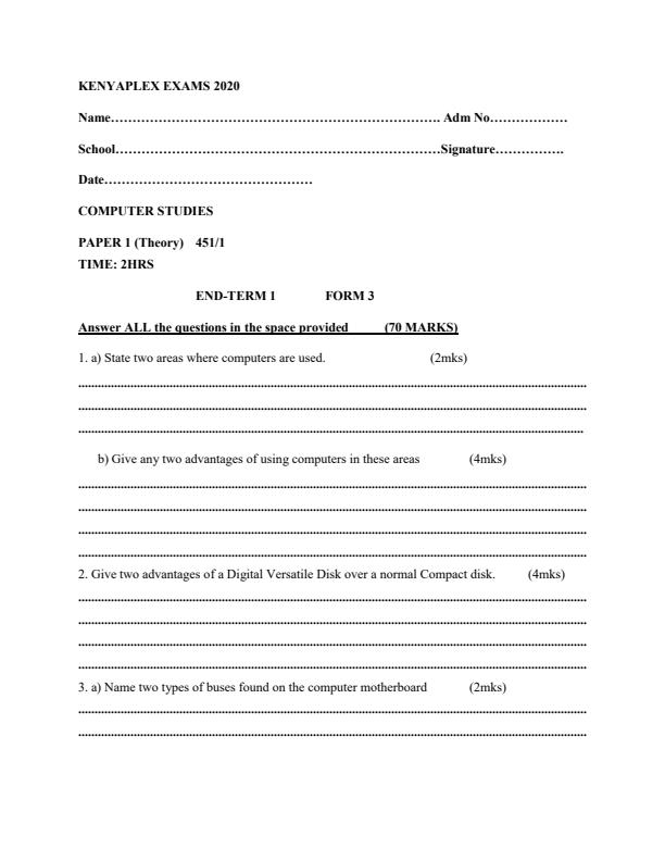 Preview page Computer-Studies-Paper-1-Form-3-End-of-Term-1-Examination-2020_591_0.jpg