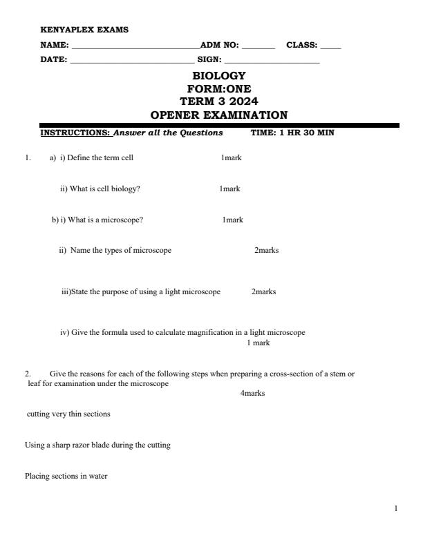 Preview page Form-1-Biology-Term-3-Opener-Exam-2024_2993_0.jpg
