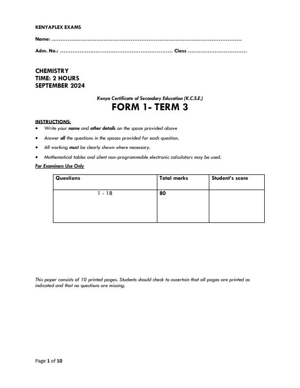 Preview page Form-1-Chemistry-Term-3-Opener-Exam-2024-Version-2_3058_0.jpg