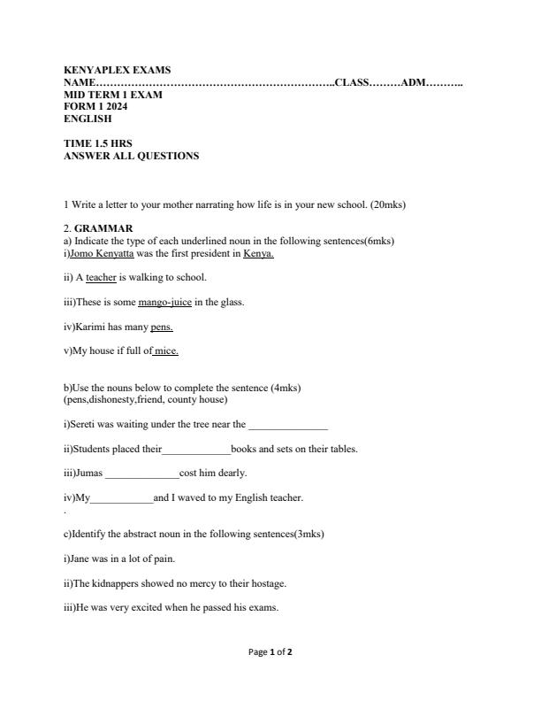 Preview page Form-1-English-Mid-Term-1-Examination-2024_2058_0.jpg