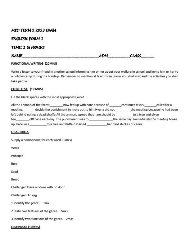 Preview page Form-1-English-Mid-Term-2-Exam-2023_1696_0.jpg