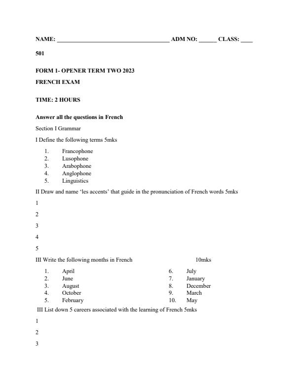 Preview page Form-1-French-Term-2-Opener-Exam-2023_1600_0.jpg