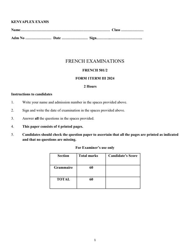 Preview page Form-1-French-Term-3-Opener-Exam-2024-Version-2_3062_0.jpg