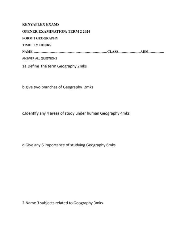 Preview page Form-1-Geography-Term-2-Opener-Exam-2024_2386_0.jpg