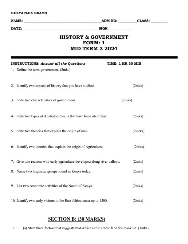 Preview page Form-1-History-and-Government-Mid-Term-3-Examination-2024_3242_0.jpg