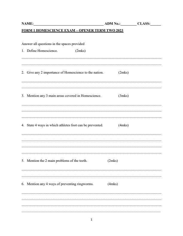 Preview page Form-1-Home-Science-Term-2-Opener-Exam-2023_1612_0.jpg