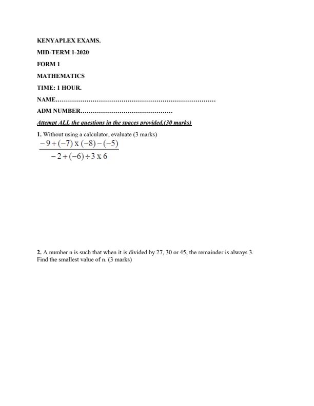 Preview page Form-1-Mathematics-Mid-Term-1-Examination-2020_538_0.jpg