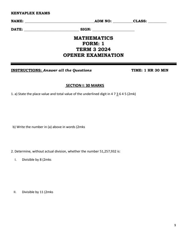 Preview page Form-1-Mathematics-Term-3-Opener-Exam-2024_3028_0.jpg