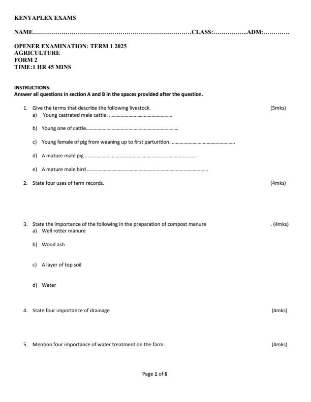 Preview page Form-2-Agriculture-Term-1-Opener-Exam-2025_3550_0.jpg