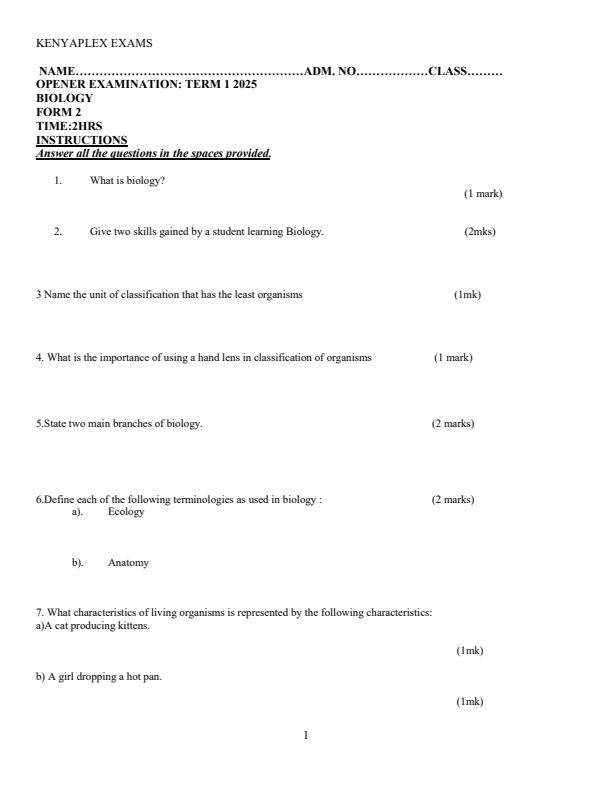 Preview page Form-2-Biology-Term-1-Opener-Exam-2025_3551_0.jpg