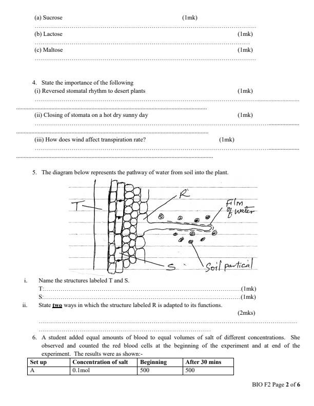 Form 2 Biology Term 2 Opener Exam 2024 - 2367