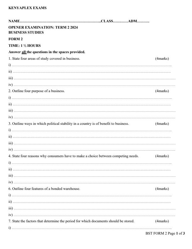 Preview page Form-2-Business-Studies-Term-2-Opener-Exam-2024_2371_0.jpg