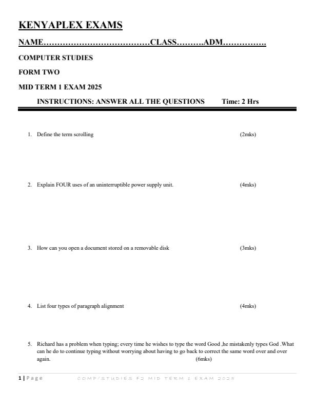 Preview page Form-2-Computer-Studies-Mid-Term-1-Exam-2025_3696_0.jpg