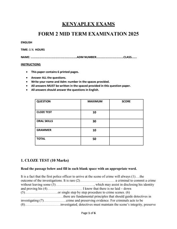 Preview page Form-2-English-Mid-Term-1-Exam-2025_3665_0.jpg