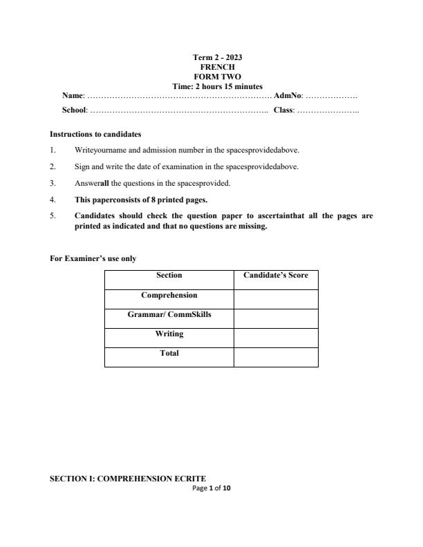 Preview page Form-2-French-End-of-Term-2-Examination-2023_1759_0.jpg