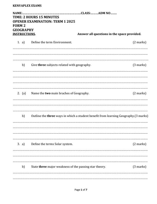 Preview page Form-2-Geography-Term-1-Opener-Exam-2025_3557_0.jpg