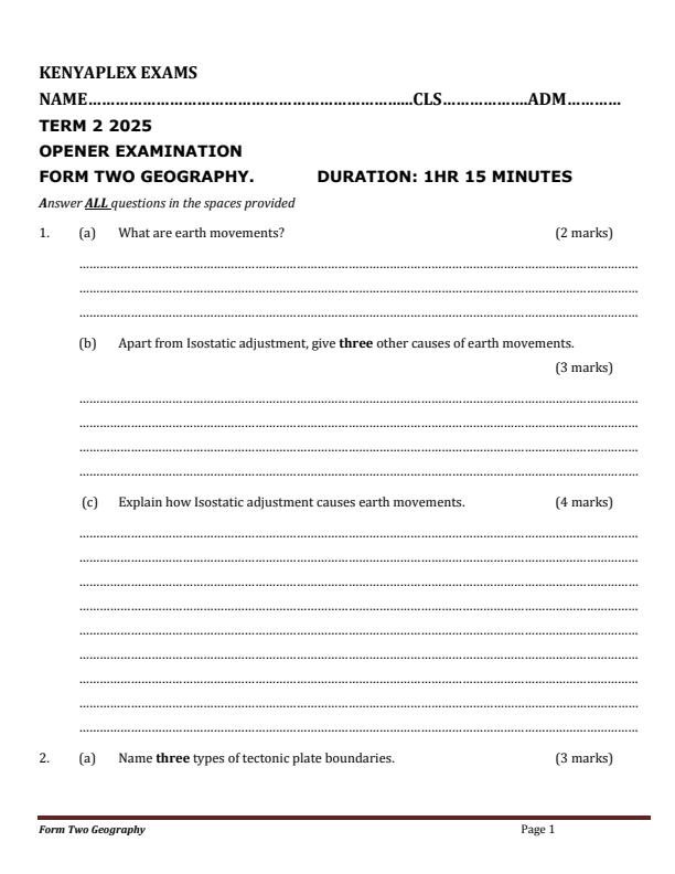 Preview page Form-2-Geography-Term-2-Opener-Exam-2025_3940_0.jpg