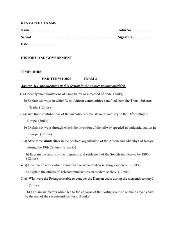 Preview page Form-2-History-End-of-Term-1-Examination-2020_646_0.jpg