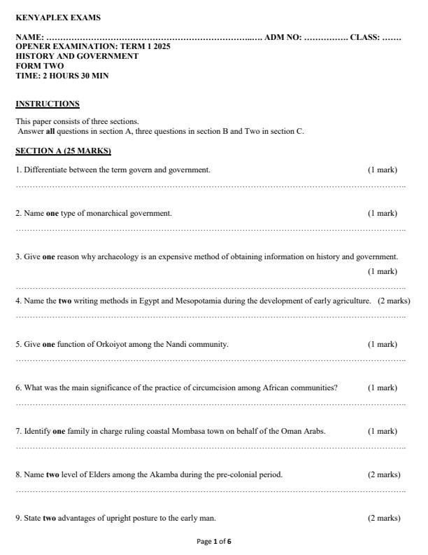 Preview page Form-2-History-and-Government-Term-1-Opener-Exam-2025_3558_0.jpg