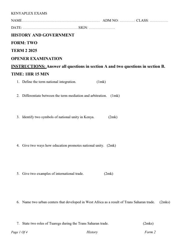 Preview page Form-2-History-and-Government-Term-2-Opener-Exam-2025_3943_0.jpg