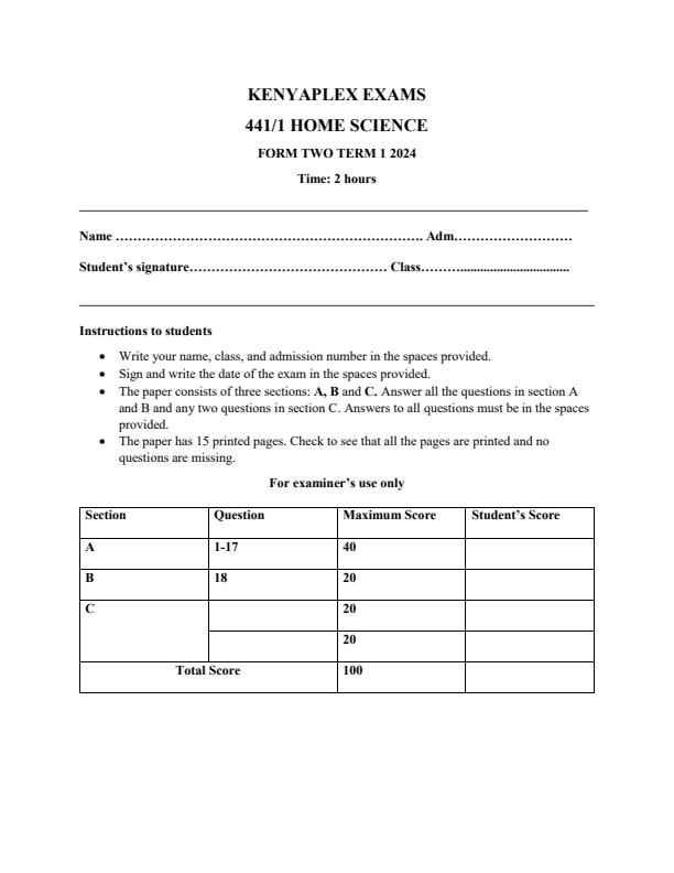 Preview page Form-2-Home-Science-End-of-Term-1-Examination-2024_2230_0.jpg