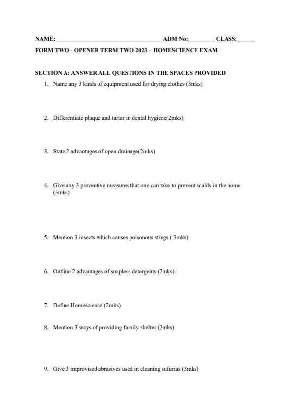 Preview page Form-2-Home-Science-Term-2-Opener-Exam-2023_1613_0.jpg