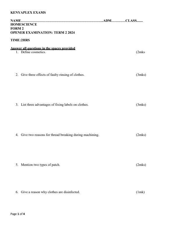 Preview page Form-2-Home-Science-Term-2-Opener-Exam-2024_2394_0.jpg