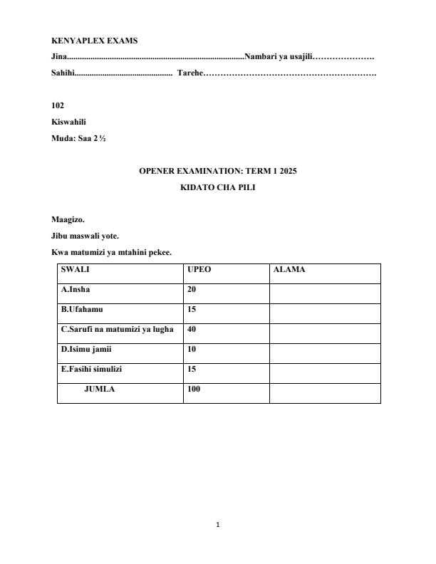 Preview page Form-2-Kiswahili-Term-1-Opener-Exam-2025_3559_0.jpg