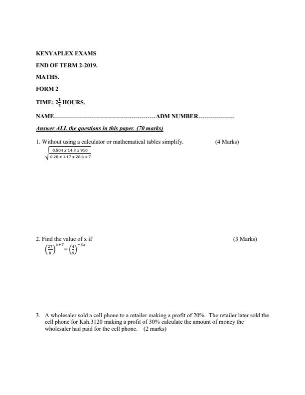 Preview page Form-2-Mathematics-End-of-Term-2-Exams-2019_225_0.jpg