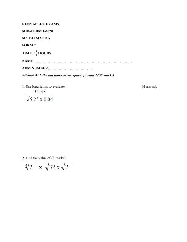 Preview page Form-2-Mathematics-Mid-Term-1-Examination-2020_543_0.jpg