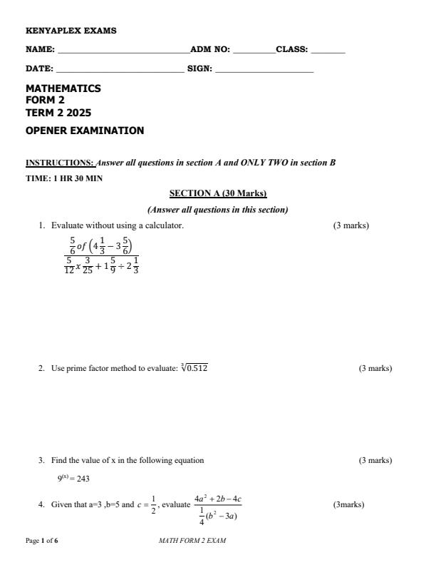 Preview page Form-2-Mathematics-Term-2-Opener-Exam-2025_3952_0.jpg