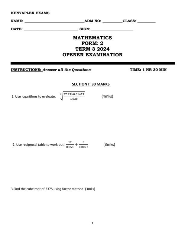 Preview page Form-2-Mathematics-Term-3-Opener-Exam-2024_3029_0.jpg