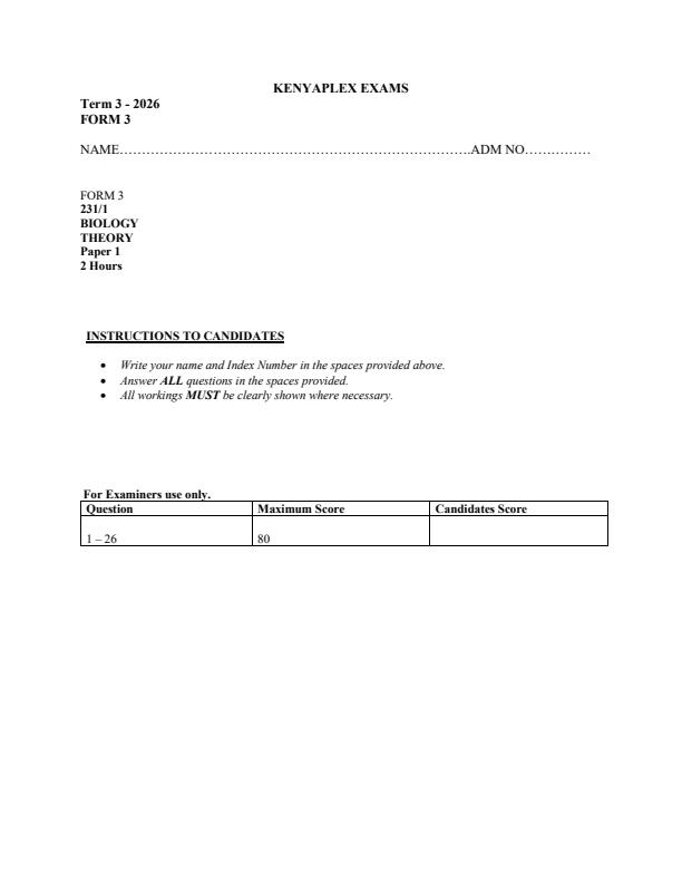 Preview page Form-3-Biology-Paper-1-End-Term-3-Exam-2026_6969_0.jpg