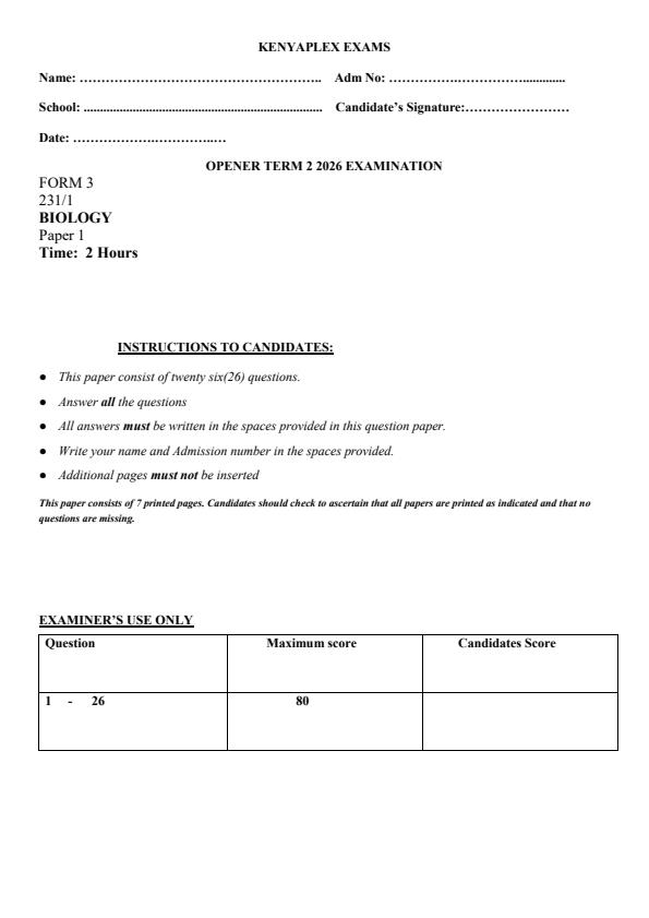 Preview page Form-3-Biology-Paper-1-Term-2-Opener-Exam-2026_5692_0.jpg