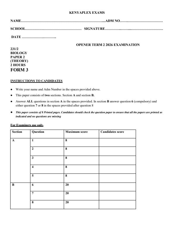 Preview page Form-3-Biology-Paper-2-Term-2-Opener-Exam-2026_5693_0.jpg