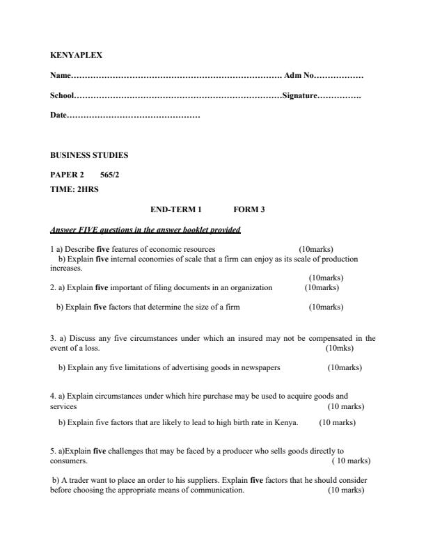 Form 3 Business Studies Paper 2 End Term 1 2021 Exam 858