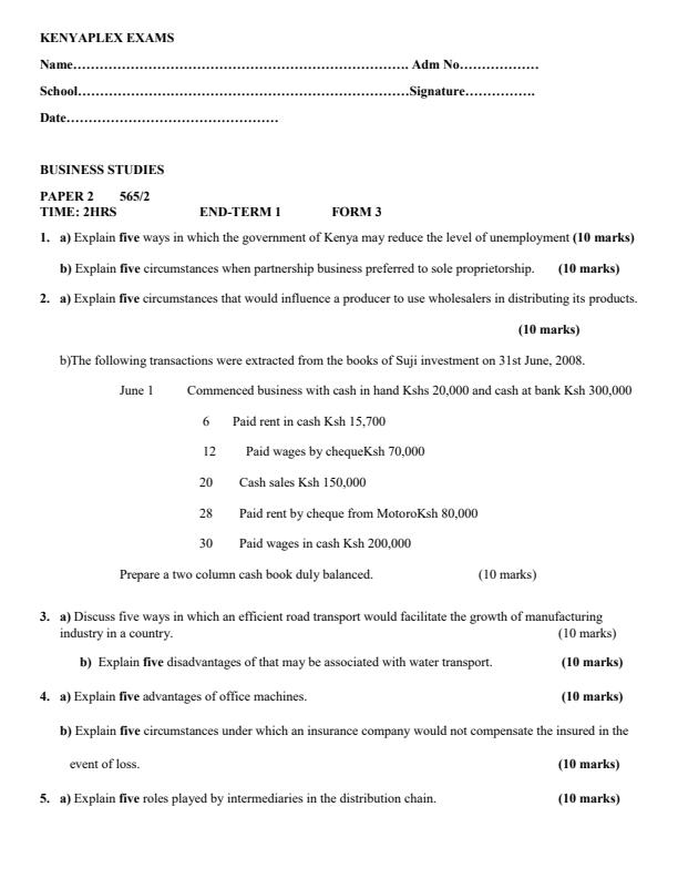 Form 3 Business Studies Paper 2 End of Term 1 Examination 2022 1231