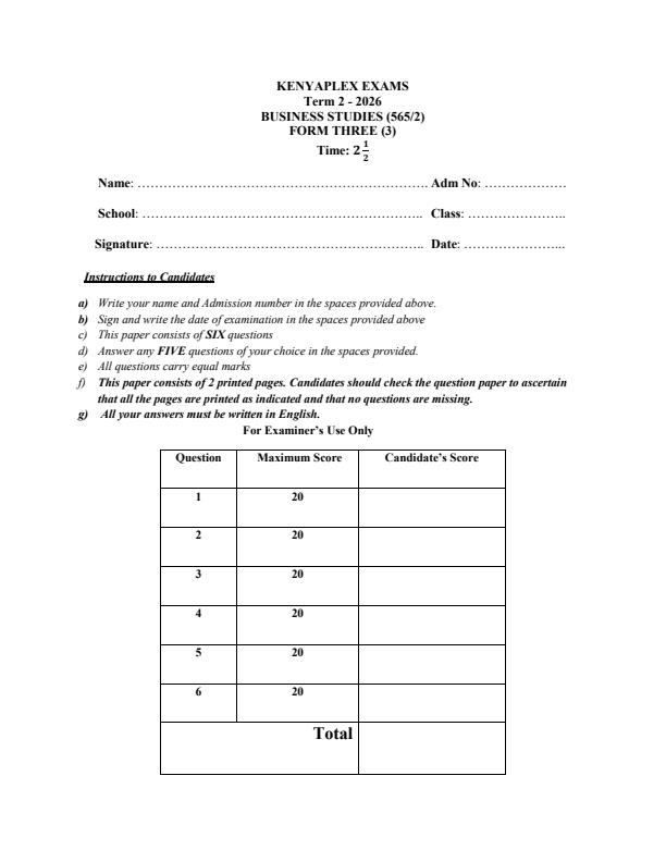 Preview page Form-3-Business-Studies-Paper-2-Term-2-Opener-Exam-2026_5696_0.jpg