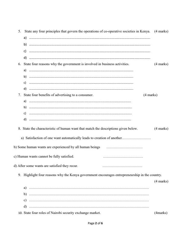 Form 3 Business Studies Term 1 Opener Exam 2024 2000